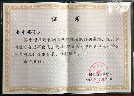 喜訊！恭喜岳平安董事長(zhǎng)榮獲“中國(guó)民族醫(yī)藥學(xué)會(huì)藥食同源分會(huì)副會(huì)長(zhǎng)”